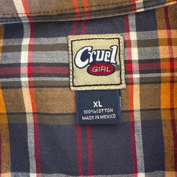 Cruel Girl Western Plaid Rodeo Button Down Long Sleeve Shirt Blue/Red/Orange XL - Picture 3 of 4